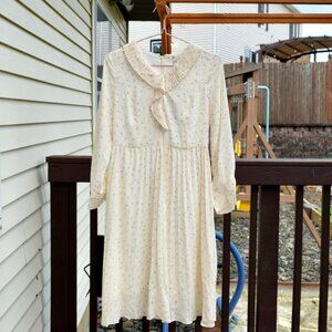 Roem Beige Plaid Pleated Midi Dress - Long Sleeve/Lined